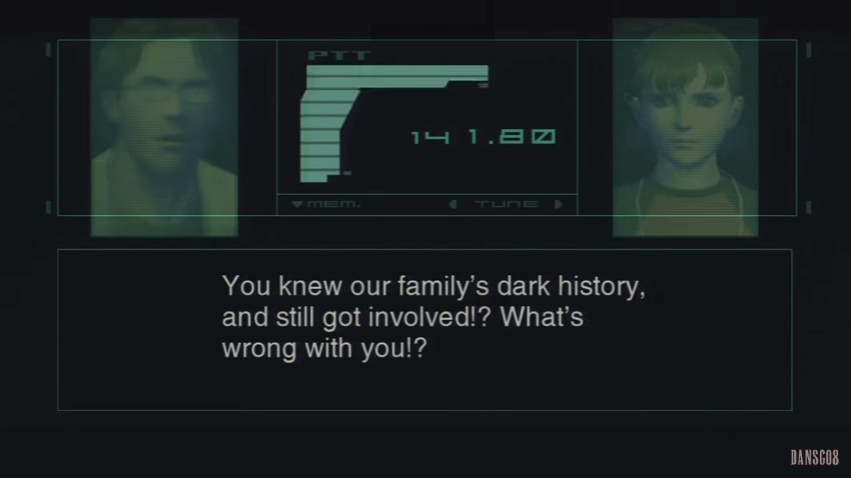 Screenshot of Otacon saying to E.E.: "You knew our family's dark history and still got involved?! What's wrong with you?!"