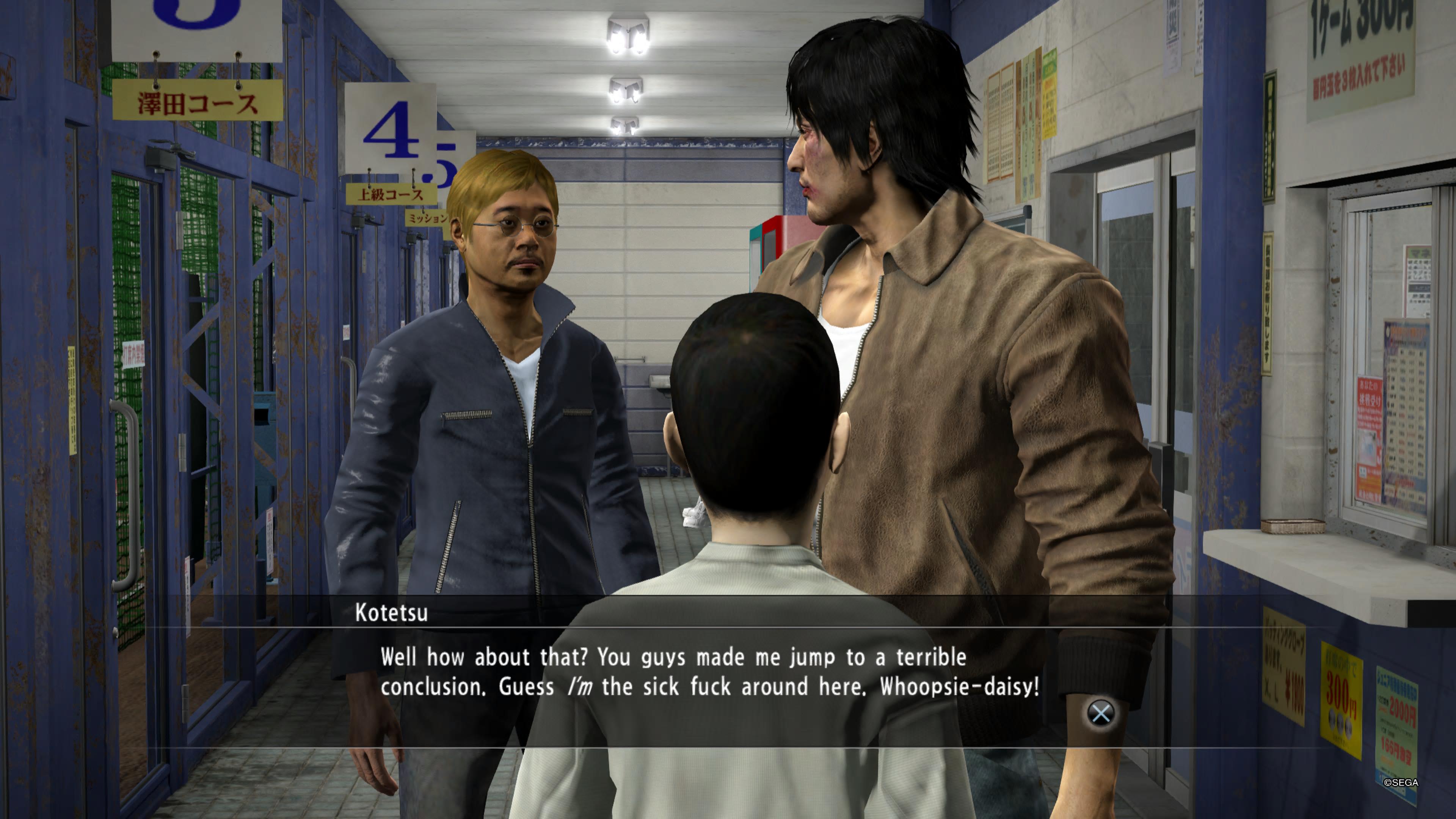 Screenshot from Yakuza 5 featuring a child and a man looking at a third man, who is saying "Well how about that? You guys made me jump to a terrible conclusion. Guess *I'm* the sick fuck around here. Whoopsie daisy!"